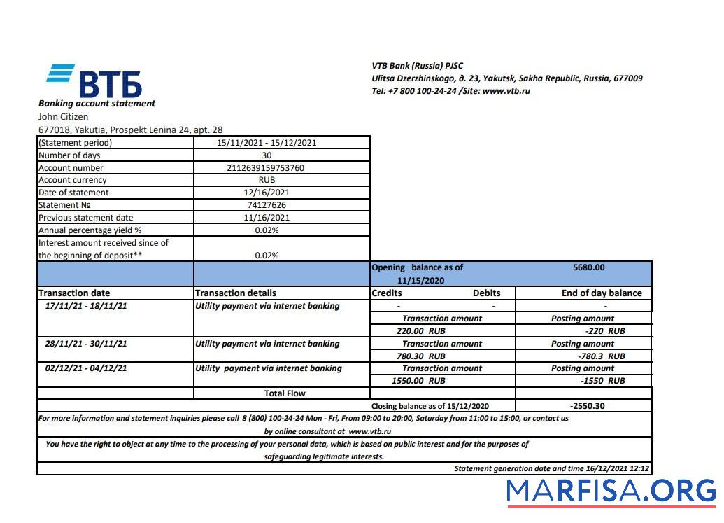 Blank Russia VTB bank statement excel example